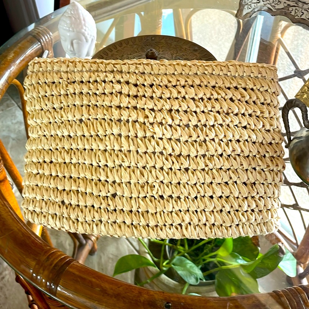 Funky Monkey Zip Top Raffia Clutch with floral lining. Tropical Vacation Boho